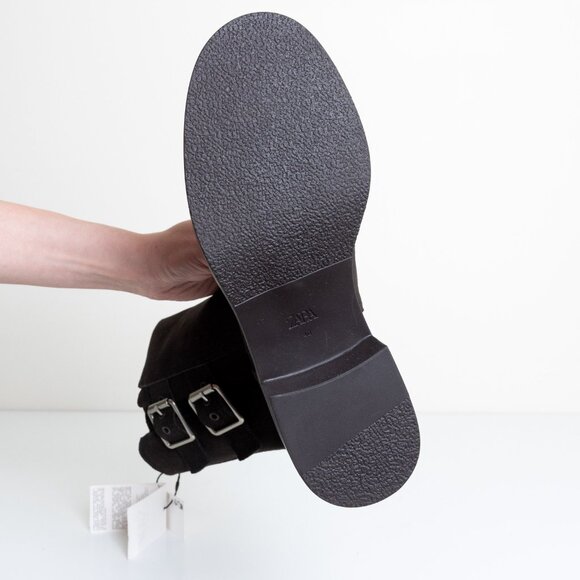 Zara Buckled Biker Boots Split Leather Dark Brown Round Toe EU 40 - Picture 14 of 16